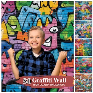 May include: A young person wearing a blue plaid shirt stands in front of a colorful brick wall with graffiti. The wall is decorated with various shapes and colors, including pink, blue, green, yellow, and orange. The text "80 Graffiti Wall High Quality Backdrops" is printed on a brown banner at the bottom of the image.