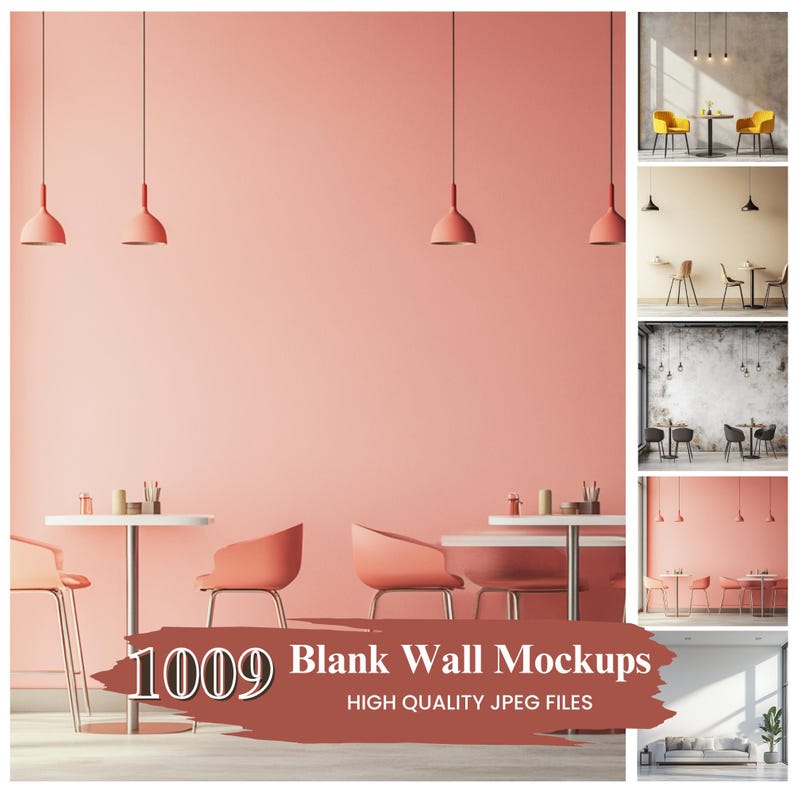 May include: A set of 1009 blank wall mockups featuring a pink wall with three pendant lights and a cafe setting with tables and chairs. The mockups are high quality JPEG files.