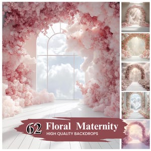 Puede incluir: Un conjunto de 62 fondos digitales que presentan un arco floral rosa con una ventana en el fondo. Los fondos son ideales para la fotografía de maternidad.