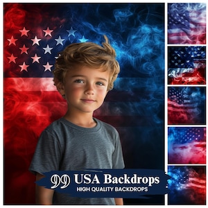 May include: A young person stands in front of a red, white, and blue American flag backdrop with smoke effects. The text "99 USA Backdrops" and "HIGH QUALITY BACKDROPS" is at the bottom of the image.