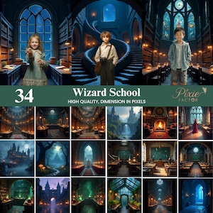 May include: A collection of digital art prints featuring scenes from a wizard school. The images showcase children in a library, a spiral staircase, and classrooms. The text "Wizard School" and "34" are visible.