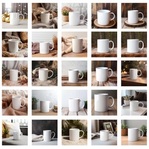 May include: A collection of 25 white ceramic mugs with handles, displayed on various surfaces and backgrounds. The mugs are all the same size and shape, and they are all empty.