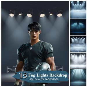 May include: A man wearing a black jersey stands in front of a dark background with spotlights. The text "15 Fog Lights Backdrop" and "HIGH QUALITY BACKDROPS" is displayed below the man. The image shows 15 different fog light backdrop options.