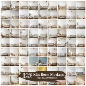 Puede incluir: Una cuadrícula de 122 maquetas de habitaciones infantiles, cada una mostrando un diseño de guardería diferente. Las habitaciones presentan cunas, decoración y varios esquemas de color. El texto de la imagen dice "122 Kids Room Mockups" y "High Quality PNG Files."