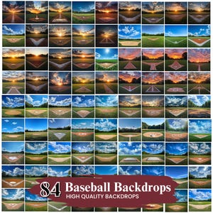 May include: A collection of 84 baseball field backdrops, each depicting a different view of the field under diverse weather conditions. The images feature colourful sunsets, cloudy skies, and green fields. Text at the bottom reads "84 Baseball Backdrops High Quality Backdrops."