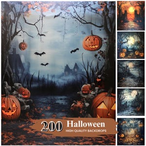 Paquete de 200 fondos digitales de Halloween, textura de bellas artes, fondo con temática de Halloween, superposición de camino otoñal con calabazas, descarga digital
