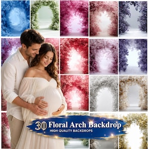 Peut inclure: Une collection de 30 toiles de fond d'arche florale de différentes couleurs, dont le bleu, le vert, le rose et le blanc. Les toiles de fond sont conçues pour la photographie et présentent des arches de fleurs et de feuillage. Un couple s'embrasse devant les toiles de fond.