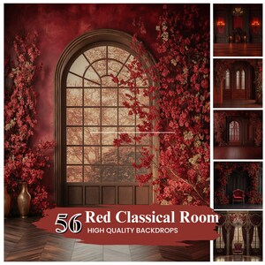 May include: A red room with a large window and red flowers. The room is decorated in a classical style. The image is labelled "56 Red Classical Room High Quality Backdrops".