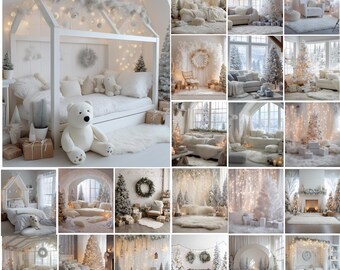 May include: A collage of cozy, winter-themed interior scenes. The images feature white and neutral color palettes, with elements like Christmas trees, fairy lights, and plush furnishings. The overall aesthetic is festive and inviting, perfect for holiday decor inspiration.