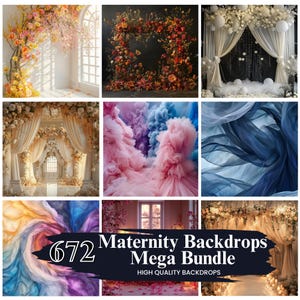 Könnte beinhalten: Eine Collage aus 672 Hintergrundbildern für Schwangerschaftsfotos. Die Bilder zeigen eine Vielzahl von Stilen, darunter florale, Tüll- und Stoffhintergründe. Der Text "Maternity Backdrops Mega Bundle" und "High Quality Backdrops" ist auf der Collage zu sehen.