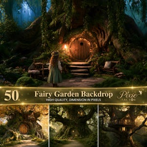 Może przedstawiać: Cyfrowa kolekcja 50 teł do ogrodu wróżek przedstawiająca zaczarowane domy w drzewach, drewniane drzwi i leśne sceny. Tekst 50 Fairy Garden Backdrop oraz Pixie Factor jest wyświetlany złotymi literami na tle ciemnego, magicznego leśnego krajobrazu.