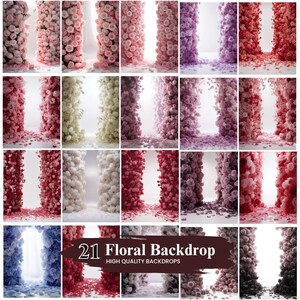 Pode incluir: Uma coleção de 21 fundos florais em várias cores, incluindo rosa, vermelho, branco e roxo. Cada fundo apresenta uma coluna de flores com pétalas espalhadas no chão. O texto "21 Floral Backdrop" é exibido.