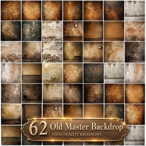 Op de afbeelding: Een collectie van 62 digitale fotografie-achtergronden met diverse verouderde, getextureerde wandoppervlakken in tinten bruin, grijs en beige. De afbeelding bevat een decoratief label met de tekst 62 Old Master Backdrop HIGH QUALITY BACKDROPS.