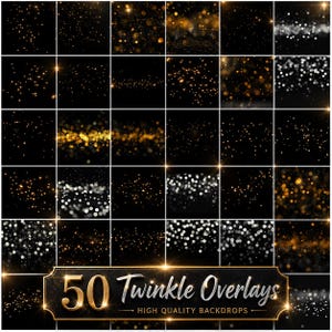 May include: A collection of 50 digital image overlays featuring various patterns of gold and silver bokeh light particles against a solid black background, with a decorative label at the bottom displaying the text 50 Twinkle Overlays.