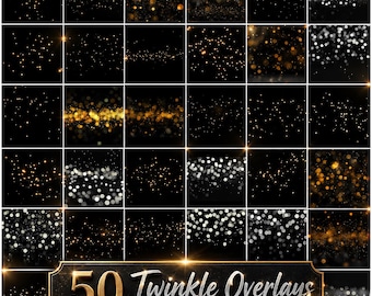 50 Twinkle Light Overlays, Gold Sparkle Glitter PNGs (Digital Download)
