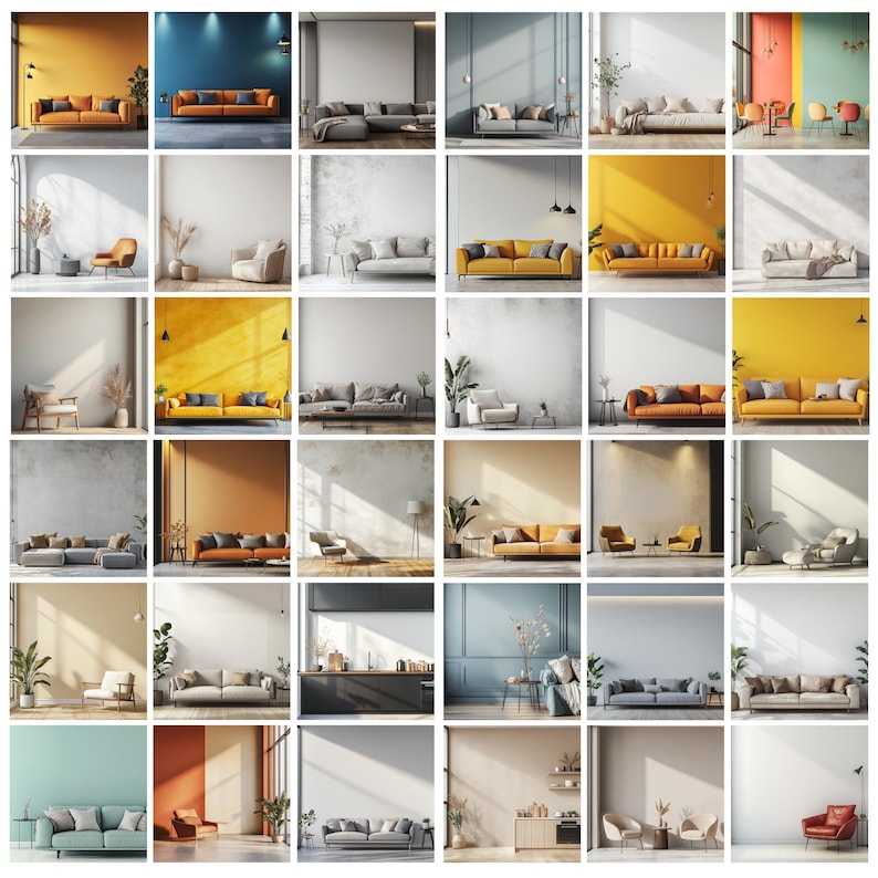 May include: A grid of interior design images showcasing various living room settings. Each image features a sofa, often in a neutral color, against a backdrop of different wall colors, including yellow, blue, and neutral tones. Some scenes include chairs and decorative plants.