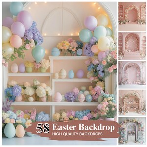 May include: A set of 58 Easter backdrop images featuring a variety of pastel colors and themes. The backdrops include a white shelf with pastel eggs and flowers, a pink archway with flowers and a white shelf, and a pink archway with a white shelf and pastel eggs. The backdrops are perfect for Easter photoshoots.