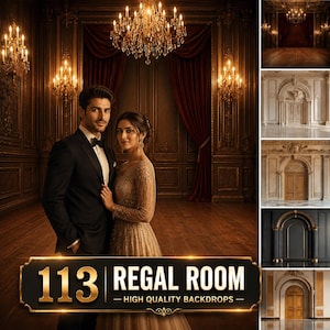 Pode incluir: Uma coleção de 113 fundos de fotografia digital apresentando várias cenas de interiores, incluindo um salão de baile com lustre e cortinas vermelhas, portas arqueadas ornamentadas e painéis de parede clássicos em dourado, branco e preto.