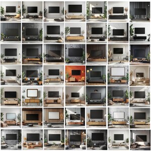 Maqueta de 50 marcos de televisión, maqueta de sala de TV acogedora, paquete de diseño de maqueta de TV de pared de Canva, maquetas de Canva, descarga digital