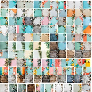 May include: A collage of 100 different flat lay backgrounds featuring various textures and colours. The backgrounds include wood, concrete, fabric, and paper. There are also various props such as plants, flowers, and cups.