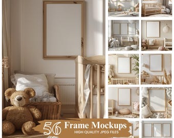 50 Nursery Frame Mockup Bundle,Wood Boho Frame, Nursery Wall Art Cute Kids Room Mockup, Children Room Mockup, Digital Download