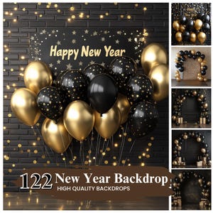 May include: A black and gold New Year's Eve backdrop with balloons, confetti, and string lights. The backdrop features the text "Happy New Year" in gold letters.