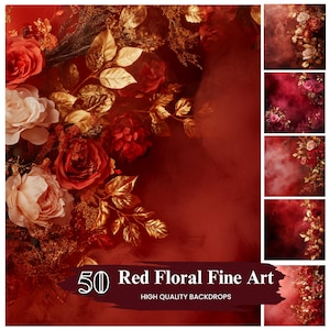 50 Red Floral Fine Art Textures Maternity Digital Backdrop, Maternity Backgrounds Portrait Photo Overlays for Photoshop, Digital Download