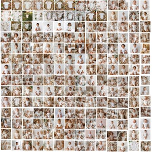 Peut inclure: Un collage de 100 photos de bébés portant des bodys blancs, assis sur un fond à motifs blancs et bruns. Les bébés sourient tous et regardent la caméra.
