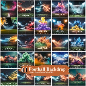 May include: A set of 41 football backdrop images. Each image shows a football field with striking lighting and colourful, cloud-like effects. The images include the yard lines and numbers, with a range of colour schemes.