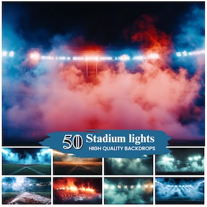 May include: A collection of 50 high-quality stadium lights backdrops featuring various lighting effects and smoke. The backdrops are perfect for creating a realistic stadium atmosphere in your photos and videos.
