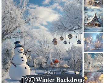 May include: A winter scene backdrop featuring a snowman, a table with chairs, and a snowy forest. The backdrop is ideal for photography and showcases a snowy, winter wonderland theme.