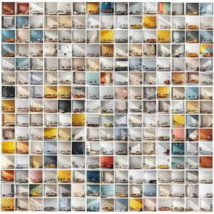 Peut inclure: Une grille de 100 maquettes de design d'intérieur, chacune présentant un cadre de salon différent. Les pièces présentent divers schémas de couleurs, agencements de meubles et éléments décoratifs, notamment des canapés, des chaises et des plantes. Les murs sont peints dans une variété de couleurs.
