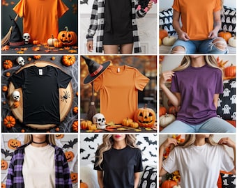 13 maquetas de camisetas de Halloween, maquetas de camisetas negras, maquetas de plantillas de camisetas de Halloween, camisetas casuales y acogedoras de otoño con estilo de Halloween.