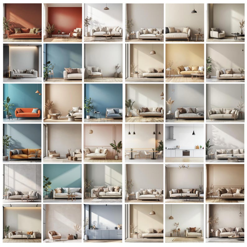 May include: A grid of interior design vignettes showcasing various living room settings. Each scene features a sofa, often accompanied by accent furniture and decor, set against walls painted in diverse colors, including orange, blue, and neutral tones. The overall aesthetic is modern and inviting.