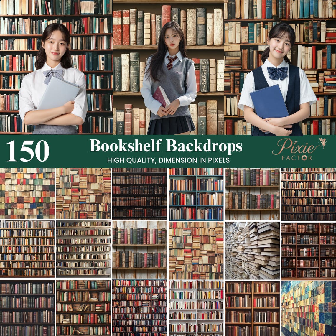 Classic Bookshelf Digital Photography Background, Library Wall Decor ...