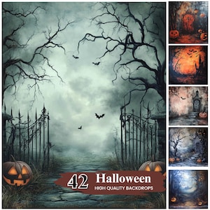 May include: A set of 42 Halloween themed digital backdrops featuring spooky scenes with gates, trees, pumpkins, bats, and a cloudy sky.  The backdrops are high quality and perfect for creating spooky Halloween photos.