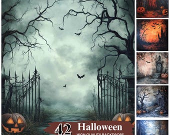 42 Halloween Digital Backdrops, Autumn Path Pumpkins Backgrounds (Digital Download)