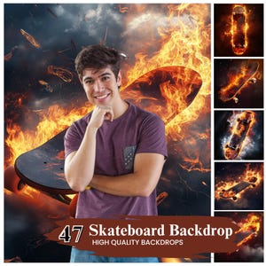 May include: A collection of 47 high-quality skateboard backdrops featuring fiery flames and smoke. The backdrops are perfect for creating dynamic and exciting images for skateboarding enthusiasts.