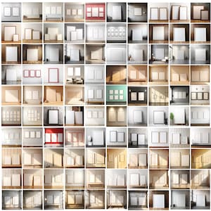Könnte beinhalten: Ein Raster von 64 Bildern, die jeweils gerahmte Kunstwerke in verschiedenen Umgebungen zeigen. Die Rahmen variieren in Farbe und Stil, mit weißen, schwarzen oder Holzrahmen. Die Kunstwerke in den Rahmen sind leer, was den Fokus auf die Rahmen lenkt.