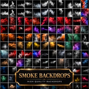 May include: A grid of 72 square images featuring colorful smoke backdrops. The smoke is in various colors, including red, orange, purple, and green, against a black background. A gold-framed sign at the bottom reads "SMOKE BACKDROPS" and "HIGH QUALITY BACKDROPS."