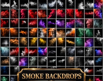 May include: A grid of 72 square images featuring colorful smoke backdrops. The smoke is in various colors, including red, orange, purple, and green, against a black background. A gold-framed sign at the bottom reads "SMOKE BACKDROPS" and "HIGH QUALITY BACKDROPS."