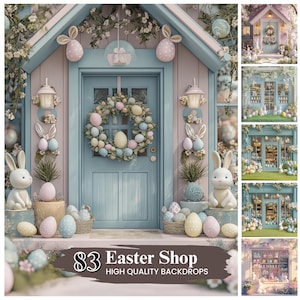 Könnte beinhalten: Ein pastellblaues und rosafarbenes Osterladen-Schaufenster mit einem Kranz aus pastellfarbenen Ostereiern an der Tür. Der Laden hat einen weißen Lattenzaun und ein Schild mit der Aufschrift "83 Easter Shop High Quality Backdrops".