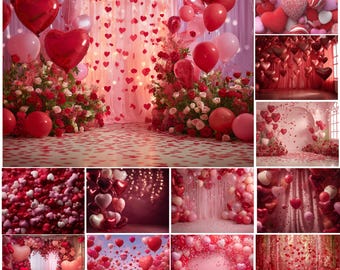 Fondo digital con globos de corazón para San Valentín, fondos para maternidad y bodas, fondo romántico con temática de San Valentín, descarga digital