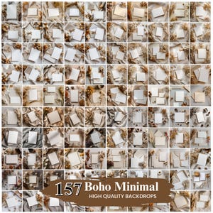 May include: A grid of 157 Boho Minimal high-quality backdrops. Each backdrop features a white card or envelope, with dried flowers and beige fabric. The text "157 Boho Minimal" is displayed in a brown banner.
