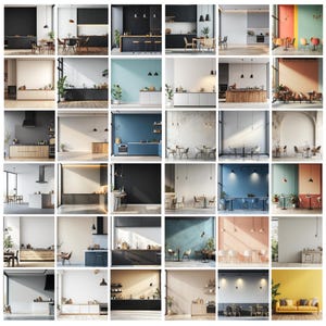 May include: A collage of 36 images showcasing various kitchen and dining room designs. Each image features different colour palettes, furniture styles, and lighting fixtures. The images are arranged in a grid pattern, creating a visual representation of diverse interior design options.