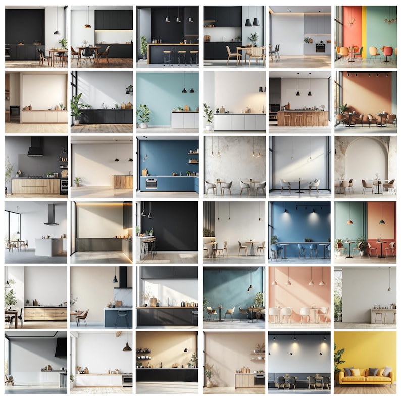May include: A collage of 36 images showcasing various kitchen and dining room designs. Each image features different colour palettes, furniture styles, and lighting fixtures. The images are arranged in a grid pattern, creating a visual representation of diverse interior design options.