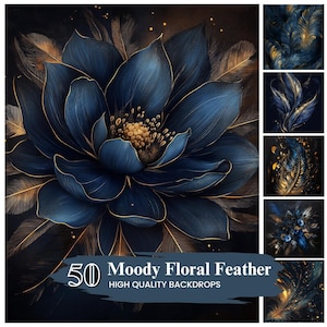 May include: A digital backdrop featuring a large blue flower with gold accents and a background of dark blue and gold feathers. The text "50 Moody Floral Feather High Quality Backdrops" is at the bottom of the image.