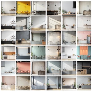 May include: A collage of 25 images showcasing different kitchen and dining room interior design ideas. Each image features a unique wall colour, furniture arrangement, and lighting scheme. The images are arranged in a grid pattern, creating a visual guide for home decor inspiration.
