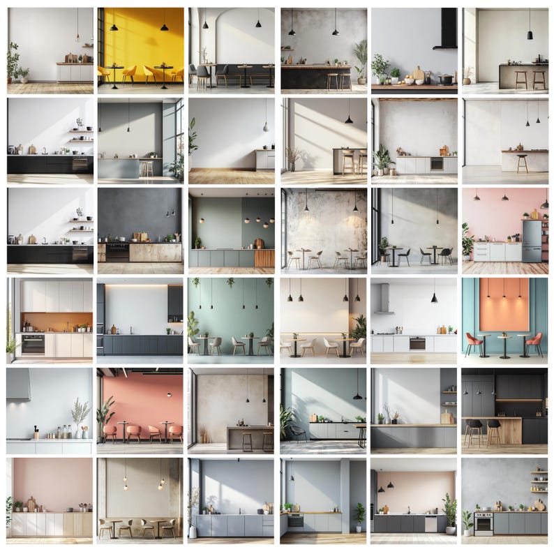 May include: A collage of 25 images showcasing different kitchen and dining room interior design ideas. Each image features a unique wall colour, furniture arrangement, and lighting scheme. The images are arranged in a grid pattern, creating a visual guide for home decor inspiration.