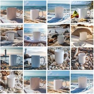 10+ mockup di tazze bianche con vista sulla spiaggia, mockup di tazze da caffè semplici e accattivanti, mockup di tazze moderne stilizzate, download digitale